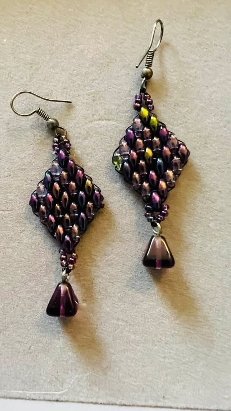 Vintage Iridescent Purple Beaded Diamond Drop Earrings